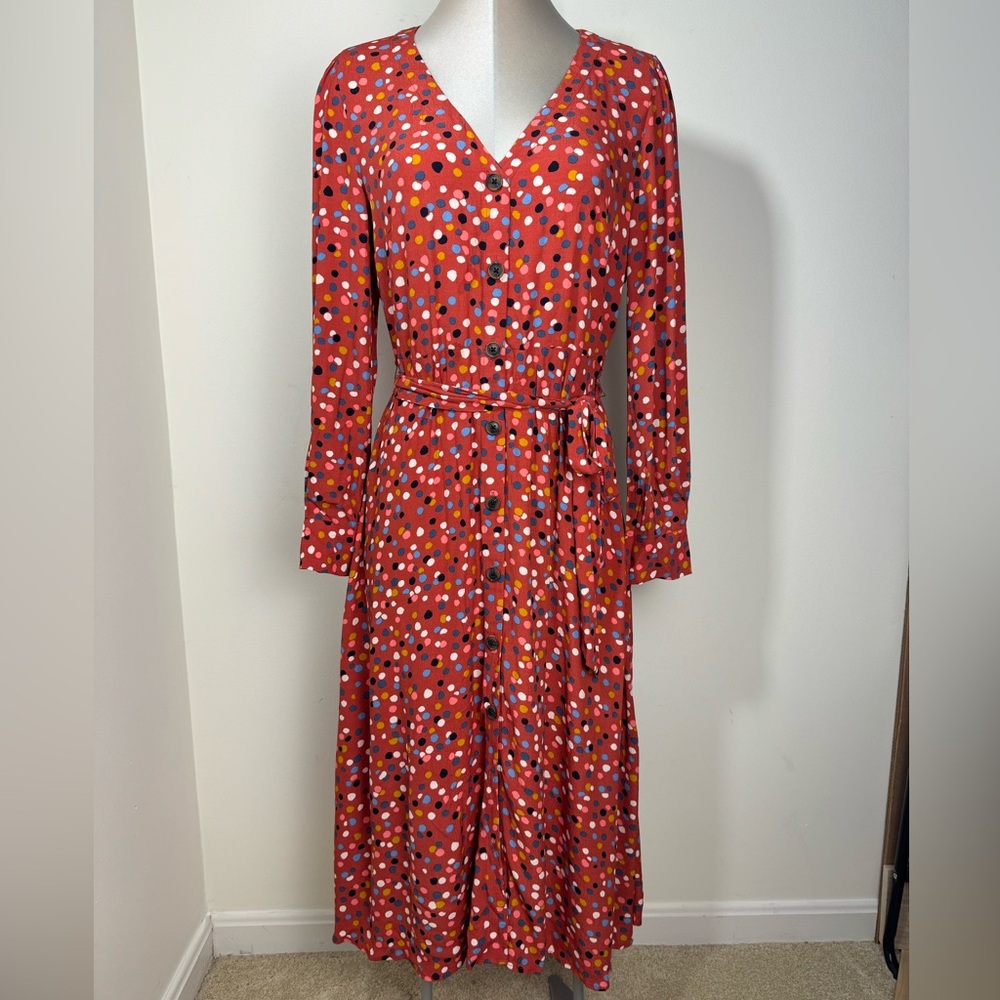Loft Dotted V Neck Tie Waist Midi Shirt Dress Size 8 Multicolor Long Sleeve
